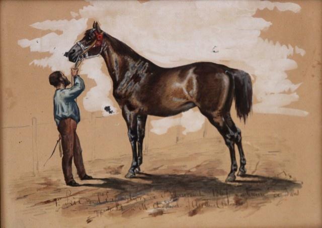 Charles de Condamy, cheval et son lad, aquarelle