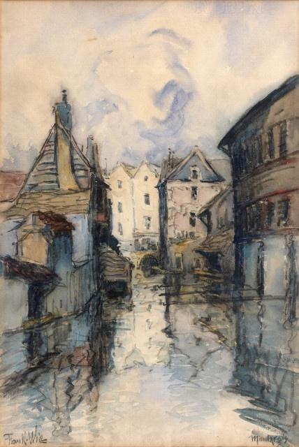 Frank Will, canal à Montargis, aquarelle