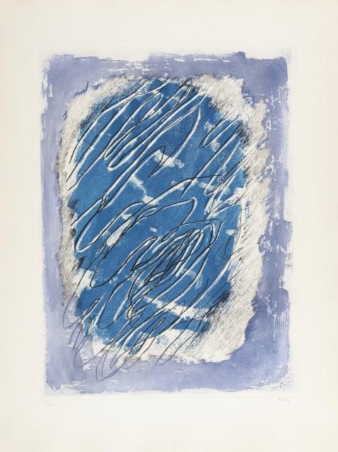 Jean Fautrier, écriture sur fond bleu, gravure