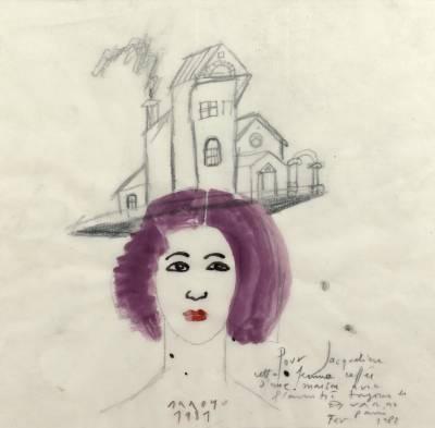 Eduardo Arroyo, portrait de jeune femme, aquarelle et crayon