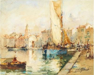 Gilbert Galland, vue de port, aquarelle