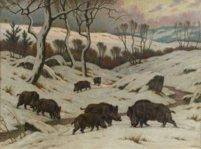 Georges Frédéric Rotig, sangliers dans un paysage de neige