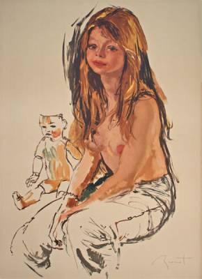 Pierre Laurent Brenot, jeune fille à la poupée, lithographie