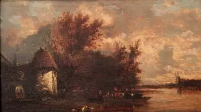 Victor Dupré, le bac sur la rivière, tableau