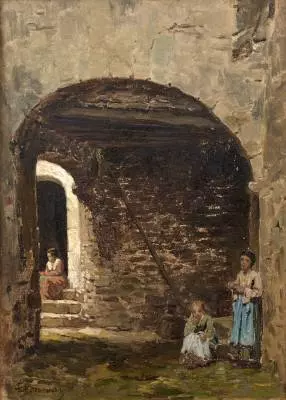 Théodore Jourdan, scène d'un village, tableau