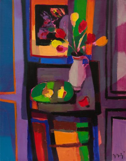 Marcel Mouly, Tulipes et citrons, huile sur toile de 1989
